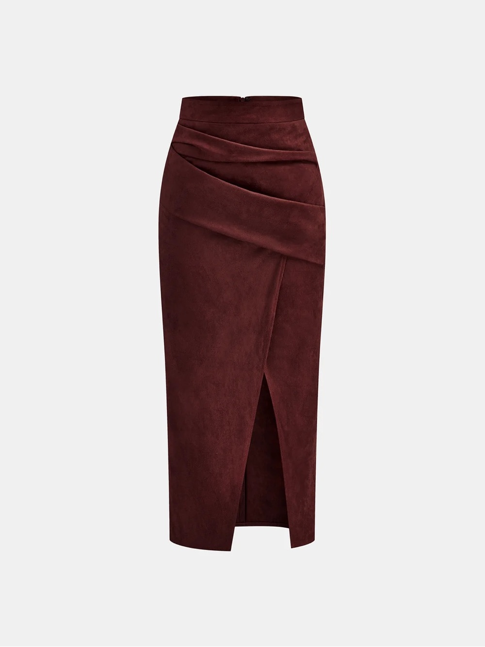 Commense Draped Slit Suede Effect Midi Skirt - Size XS Burgundy Color